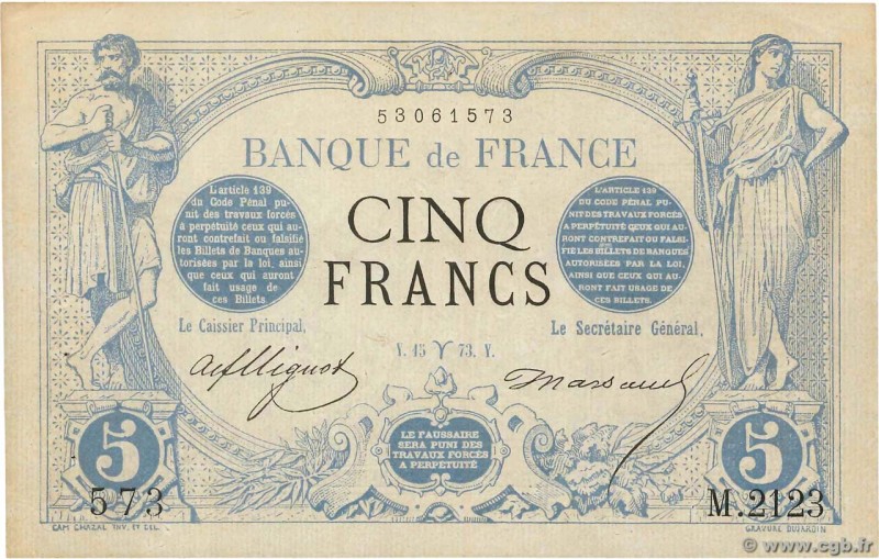 Country : FRANCE 
Face Value : 5 Francs NOIR 
Date : 15mars 1873 
Period/Prov...