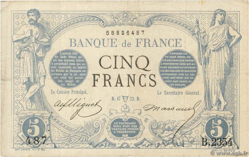 Country : FRANCE 
Face Value : 5 Francs NOIR 
Date : 17 avril 1873 
Period/Pr...