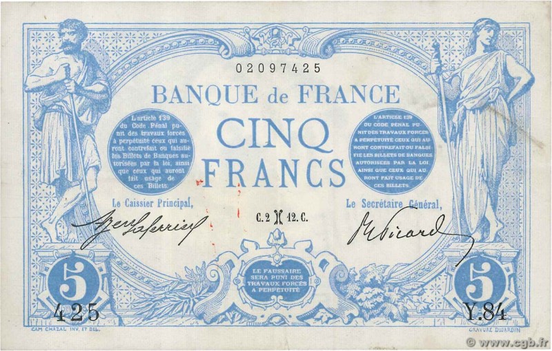 Country : FRANCE 
Face Value : 5 Francs BLEU 
Date : 02 février 1912 
Period/...
