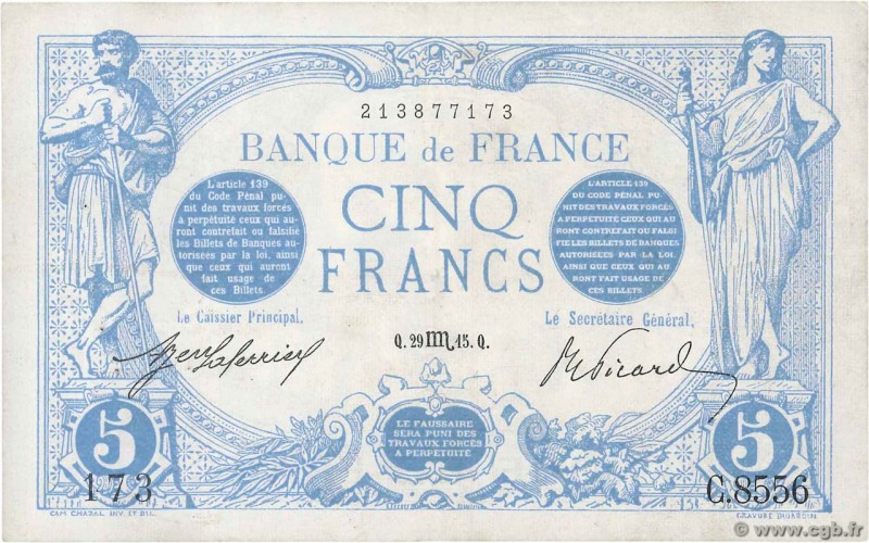 Country : FRANCE 
Face Value : 5 Francs BLEU 
Date : 29 octobre 1915 
Period/...