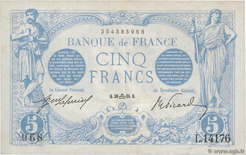 Country : FRANCE 
Face Value : 5 Francs BLEU 
Date : 30 septembre 1916 
Perio...
