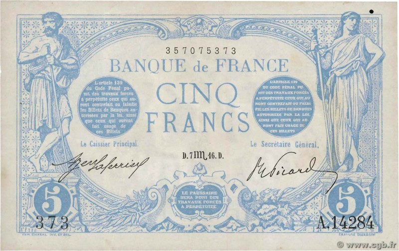 Country : FRANCE 
Face Value : 5 Francs BLEU 
Date : 07 octobre 1916 
Period/...