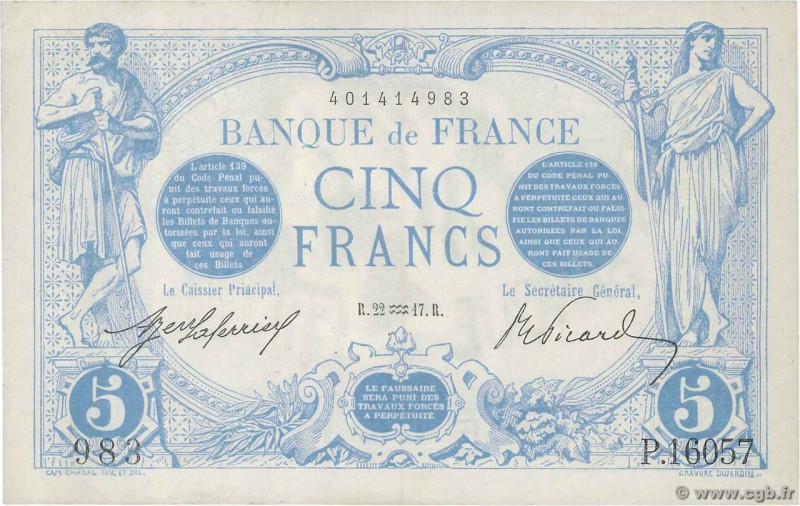 Country : FRANCE 
Face Value : 5 Francs BLEU 
Date : 22 janvier 1917 
Period/...