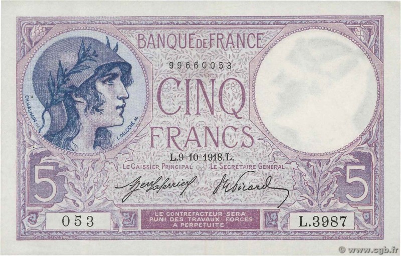 Country : FRANCE 
Face Value : 5 Francs VIOLET 
Date : 09 octobre 1918 
Perio...