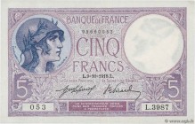 Country : FRANCE 
Face Value : 5 Francs VIOLET 
Date : 09 octobre 1918 
Period/Province/Bank : Banque de France, XXe siècle 
Catalogue reference :...