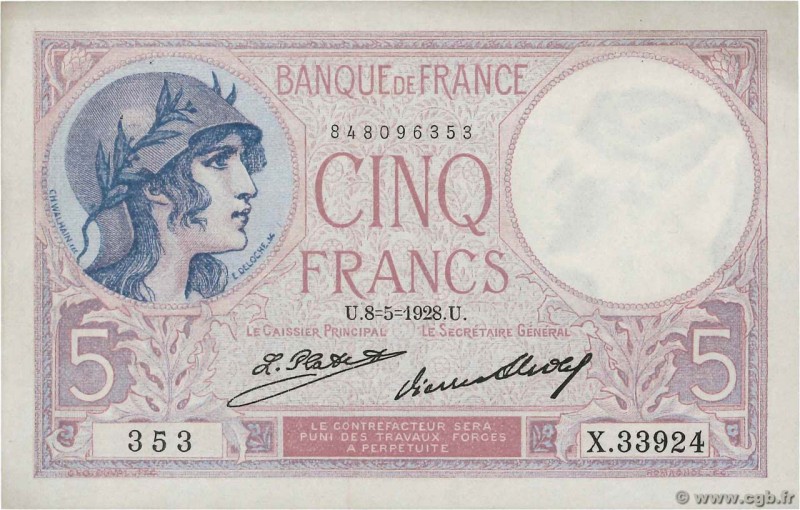 Country : FRANCE 
Face Value : 5 Francs VIOLET 
Date : 08 mai 1928 
Period/Pr...