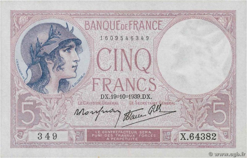 Country : FRANCE 
Face Value : 5 Francs VIOLET modifié 
Date : 19 octobre 1939...