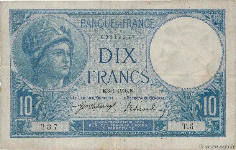 Country : FRANCE 
Face Value : 10 Francs MINERVE Petit numéro 
Date : 03 janvi...