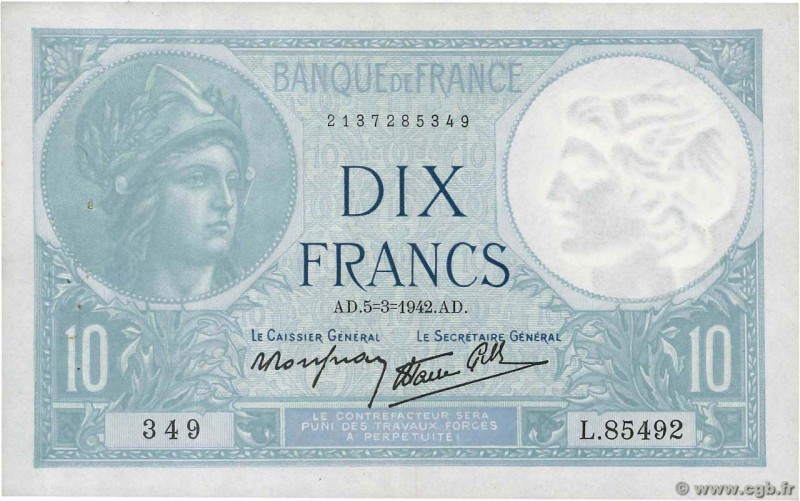 Country : FRANCE 
Face Value : 10 Francs MINERVE modifié 
Date : 05 mars 1942 ...
