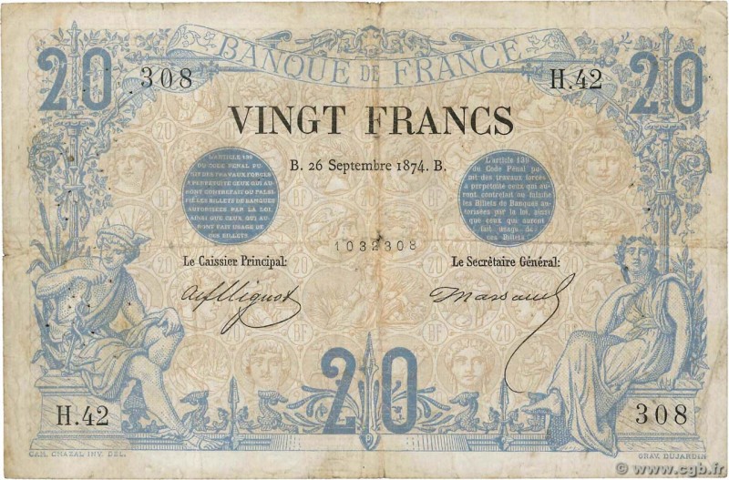 Country : FRANCE 
Face Value : 20 Francs NOIR 
Date : 26 septembre 1874 
Peri...