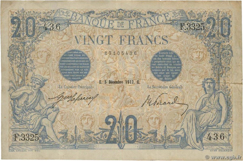 Country : FRANCE 
Face Value : 20 Francs BLEU 
Date : 05 décembre 1912 
Perio...