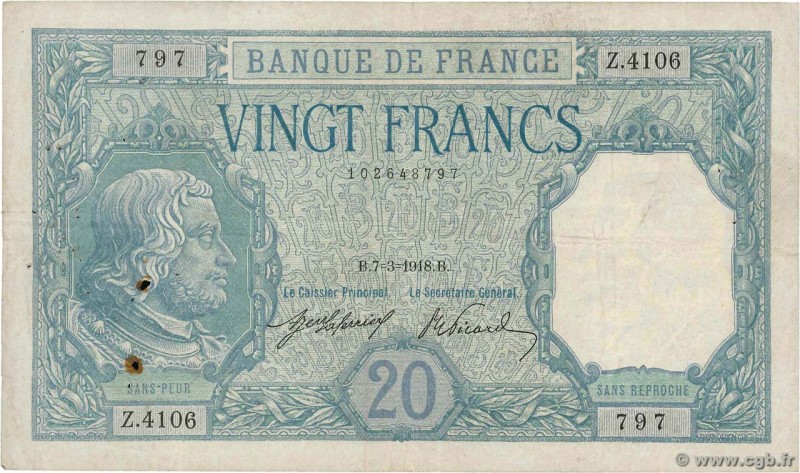 Country : FRANCE 
Face Value : 20 Francs BAYARD 
Date : 07 mars 1918 
Period/...