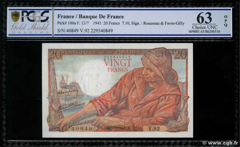 Country : FRANCE 
Face Value : 20 Francs PÊCHEUR 
Date : 07 octobre 1943 
Per...