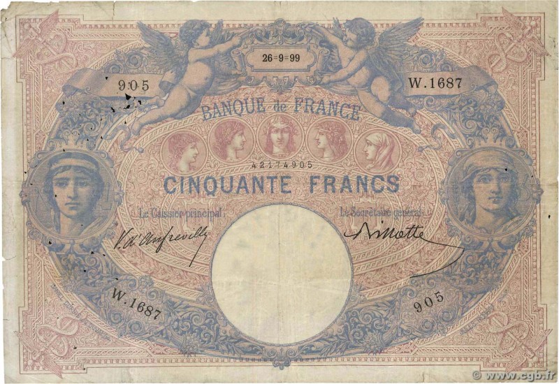 Country : FRANCE 
Face Value : 50 Francs BLEU ET ROSE 
Date : 26 septembre 189...
