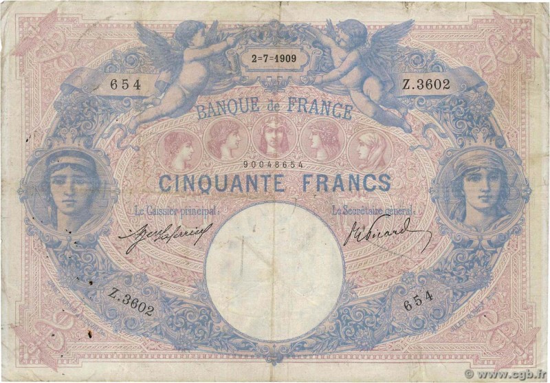 Country : FRANCE 
Face Value : 50 Francs BLEU ET ROSE 
Date : 02 juillet 1909 ...