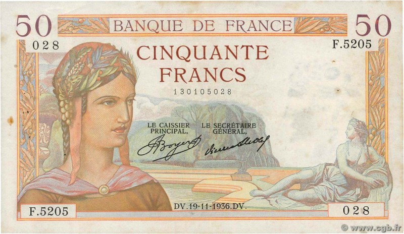 Country : FRANCE 
Face Value : 50 Francs CÉRÈS 
Date : 19 novembre 1936 
Peri...