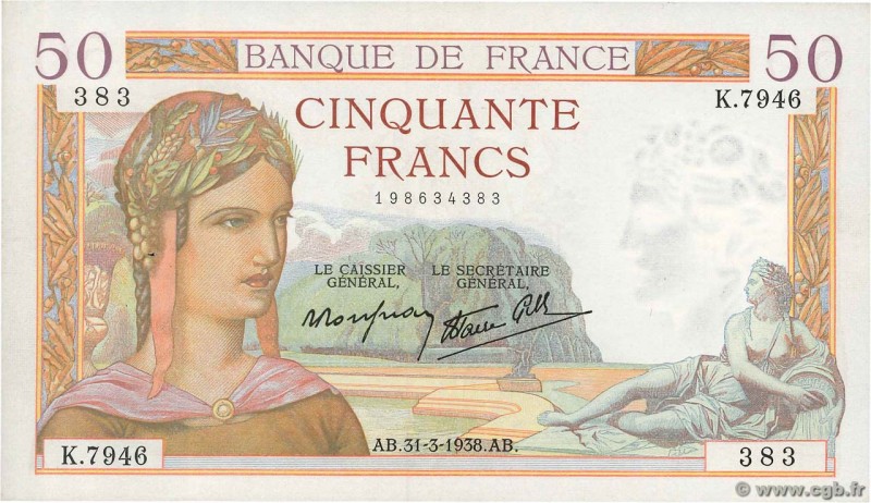 Country : FRANCE 
Face Value : 50 Francs CÉRÈS modifié 
Date : 31 mars 1938 
...