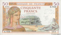 Country : FRANCE 
Face Value : 50 Francs CÉRÈS modifié 
Date : 31 mars 1938 
Period/Province/Bank : Banque de France, XXe siècle 
Department : 75 ...
