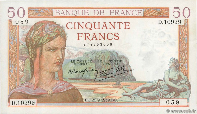 Country : FRANCE 
Face Value : 50 Francs CÉRÈS modifié 
Date : 21 septembre 19...
