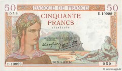 Country : FRANCE 
Face Value : 50 Francs CÉRÈS modifié 
Date : 21 septembre 1939 
Period/Province/Bank : Banque de France, XXe siècle 
Catalogue r...