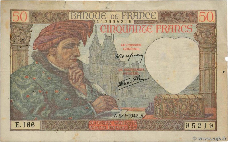Country : FRANCE 
Face Value : 50 Francs JACQUES CŒUR 
Date : 05 février 1942 ...