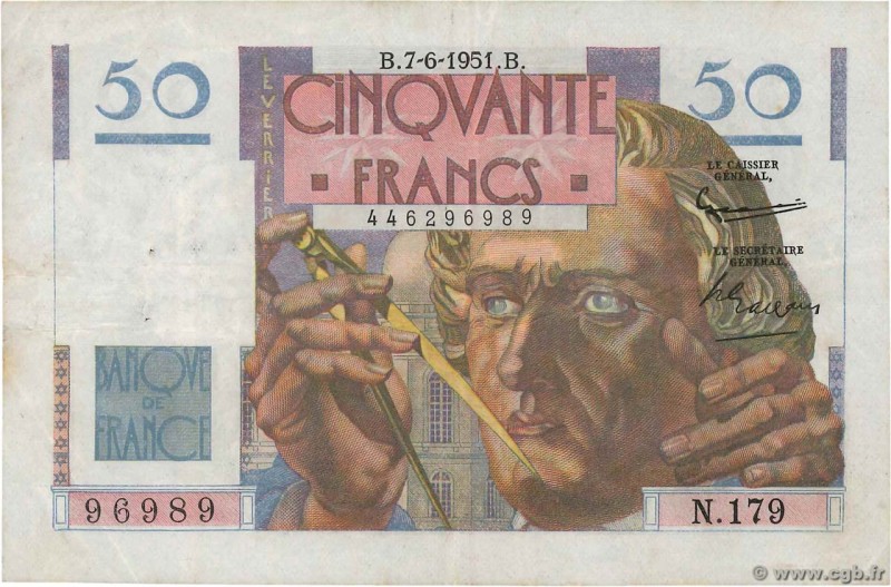 Country : FRANCE 
Face Value : 50 Francs LE VERRIER 
Date : 07 juin 1951 
Per...
