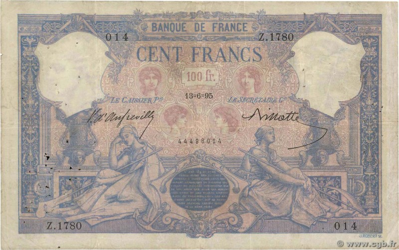 Country : FRANCE 
Face Value : 100 Francs BLEU ET ROSE 
Date : 13 juin 1895 
...