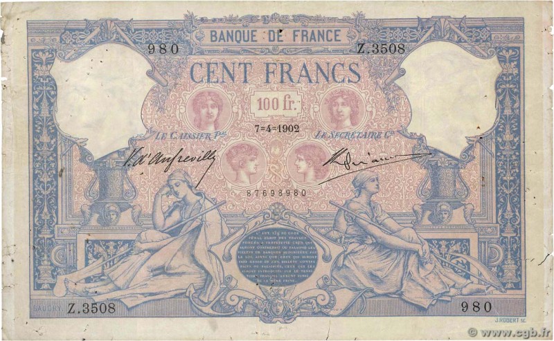 Country : FRANCE 
Face Value : 100 Francs BLEU ET ROSE 
Date : 07 avril 1902 ...