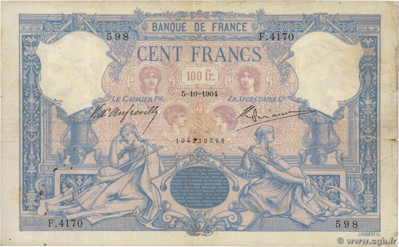 Country : FRANCE 
Face Value : 100 Francs BLEU ET ROSE 
Date : 05 octobre 1904...