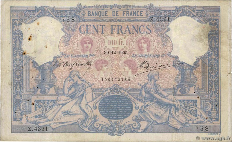 Country : FRANCE 
Face Value : 100 Francs BLEU ET ROSE 
Date : 30 décembre 190...