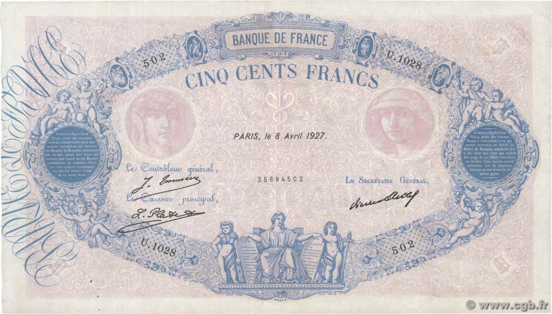 Country : FRANCE 
Face Value : 500 Francs BLEU ET ROSE 
Date : 08 avril 1927 ...