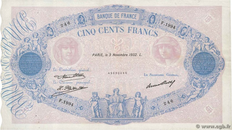 Country : FRANCE 
Face Value : 500 Francs BLEU ET ROSE 
Date : 03 novembre 193...