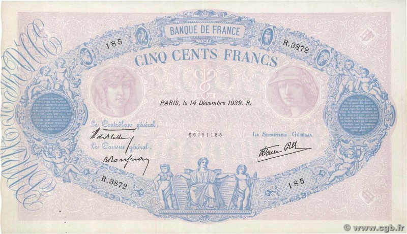 Country : FRANCE 
Face Value : 500 Francs BLEU ET ROSE modifié 
Date : 14 déce...