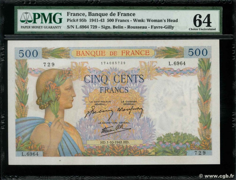 Country : FRANCE 
Face Value : 500 Francs LA PAIX 
Date : 01 octobre 1942 
Pe...