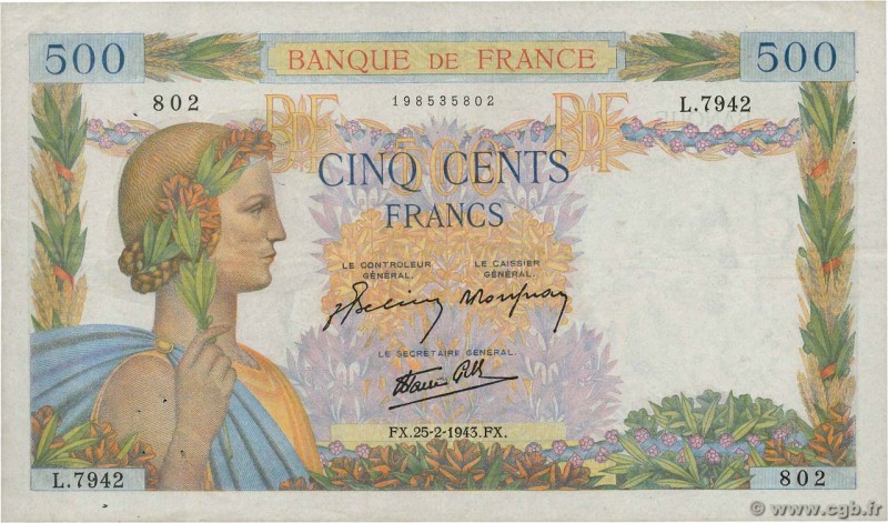 Country : FRANCE 
Face Value : 500 Francs LA PAIX 
Date : 25 février 1943 
Pe...