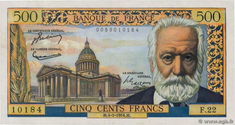 Country : FRANCE 
Face Value : 500 Francs VICTOR HUGO 
Date : 04 mars 1954 
P...