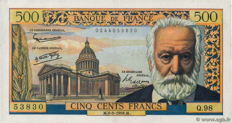 Country : FRANCE 
Face Value : 500 Francs VICTOR HUGO 
Date : 06 février 1958 ...