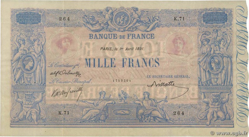 Country : FRANCE 
Face Value : 1000 Francs BLEU ET ROSE 
Date : 01 avril 1891 ...