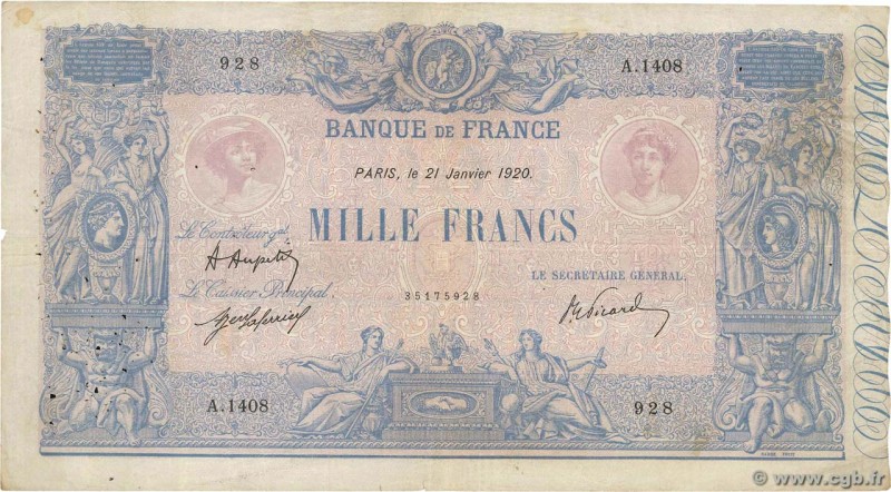 Country : FRANCE 
Face Value : 1000 Francs BLEU ET ROSE 
Date : 21 janvier 192...