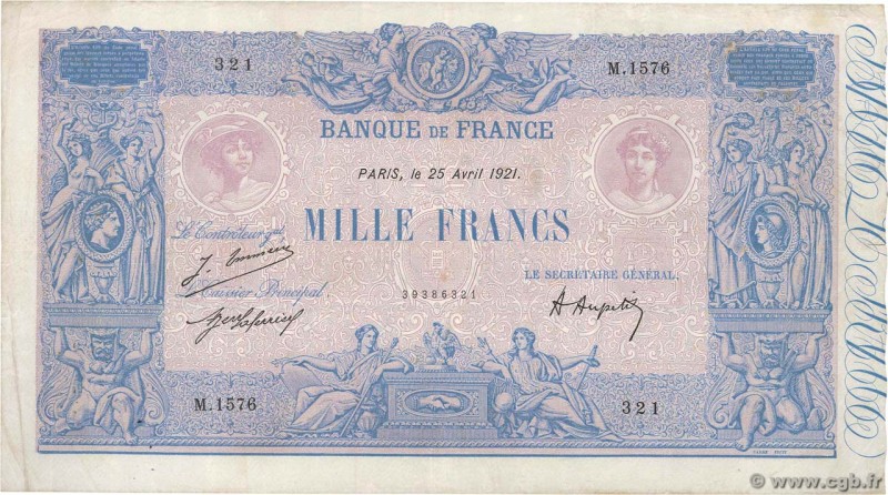 Country : FRANCE 
Face Value : 1000 Francs BLEU ET ROSE 
Date : 25 avril 1921 ...