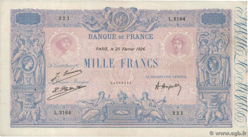 Country : FRANCE 
Face Value : 1000 Francs BLEU ET ROSE 
Date : 25 février 192...