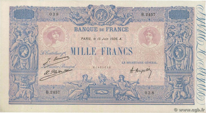 Country : FRANCE 
Face Value : 1000 Francs BLEU ET ROSE 
Date : 15 juin 1926 ...