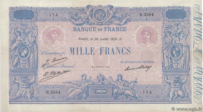 Country : FRANCE 
Face Value : 1000 Francs BLEU ET ROSE 
Date : 26 juillet 192...