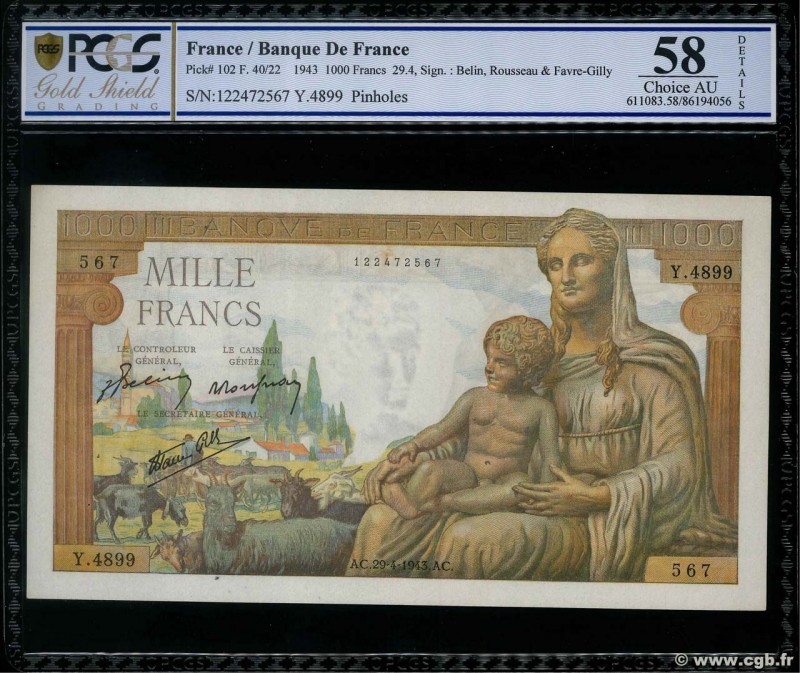 Country : FRANCE 
Face Value : 1000 Francs DÉESSE DÉMÉTER 
Date : 29 avril 194...
