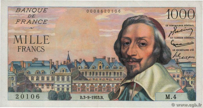 Country : FRANCE 
Face Value : 1000 Francs RICHELIEU 
Date : 03 septembre 1953...