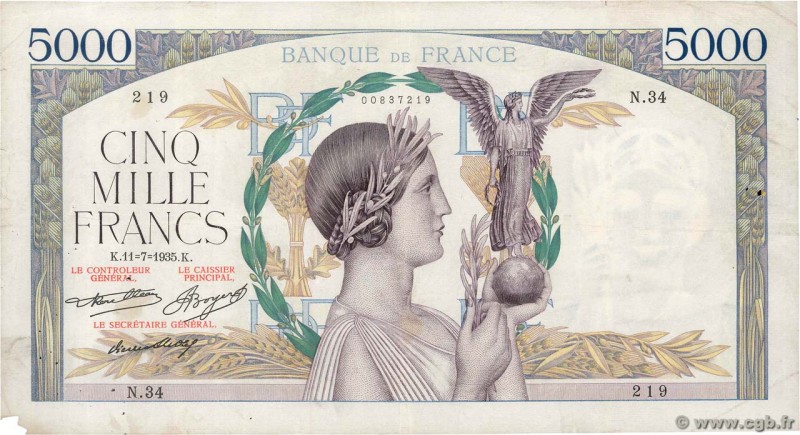 Country : FRANCE 
Face Value : 5000 Francs VICTOIRE 
Date : 11 juillet 1935 
...