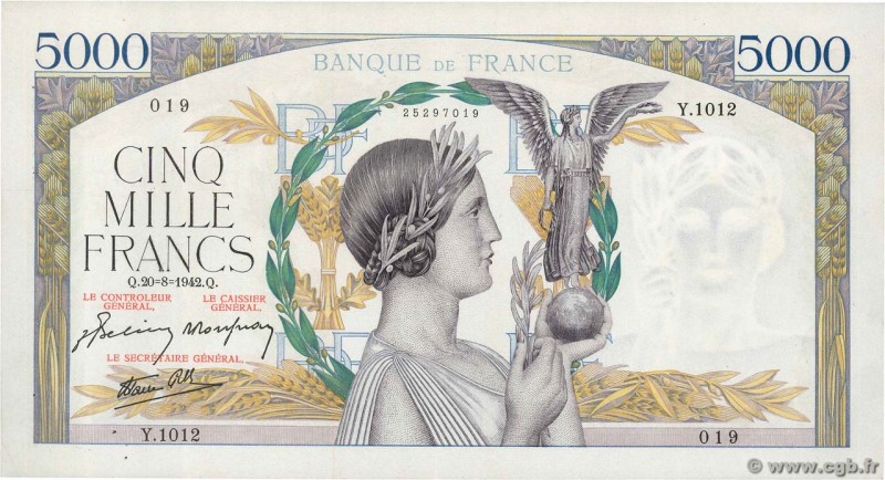 Country : FRANCE 
Face Value : 5000 Francs VICTOIRE Impression à plat 
Date : ...