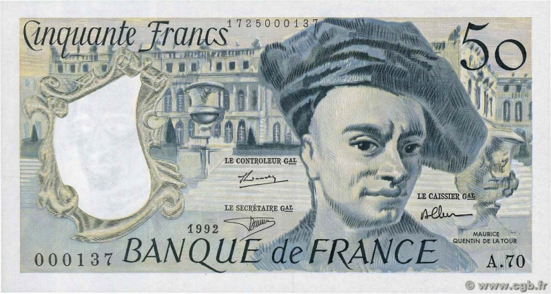 Country : FRANCE 
Face Value : 50 Francs QUENTIN DE LA TOUR Petit numéro 
Date...