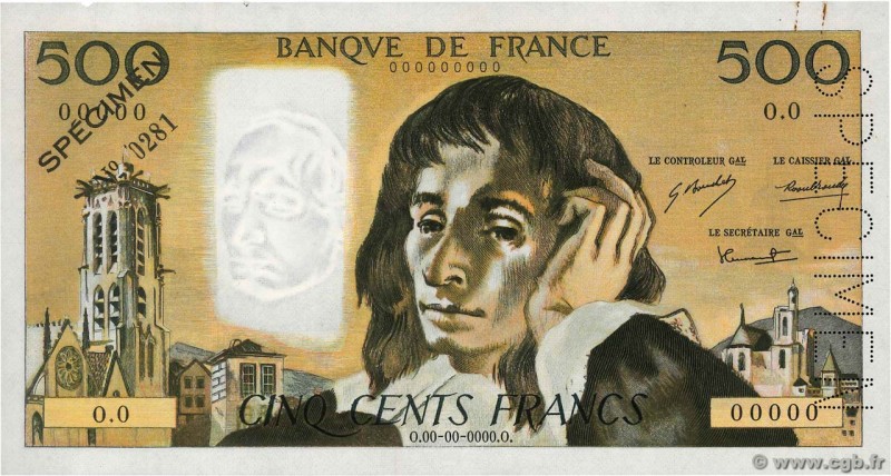 Country : FRANCE 
Face Value : 500 Francs PASCAL Spécimen 
Date : (1968) 
Per...