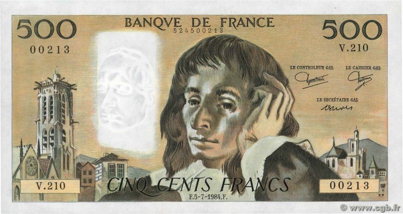 Country : FRANCE 
Face Value : 500 Francs PASCAL 
Date : 05 juillet 1984 
Per...